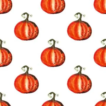 Seamless pattern of watercolor pumpkins on white background, hand painted Stock Illustration