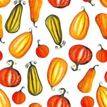 Seamless pattern of watercolor pumpkins on white background, hand painted Stock Illustration