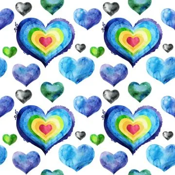 Seamless pattern with watercolor red and rainbow hearts Ilustração Stock