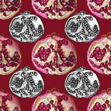 Seamless pattern watercolor red and black line art pomegranate with seeds on red Stock Illustration