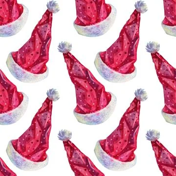 Seamless pattern watercolor red and white christmas crinkle hat for santa on Stock Illustration