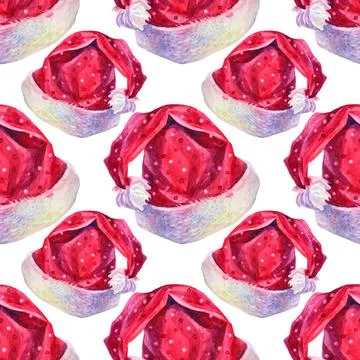 Seamless pattern watercolor red and white christmas crinkle hat for santa on Stock Illustration