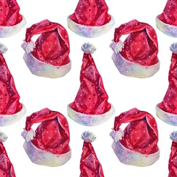 Seamless pattern watercolor red and white christmas crinkle hat for santa on Stock Illustration