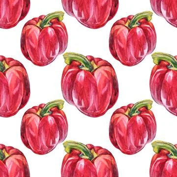 Seamless pattern watercolor red bell pepper on white background. Hand-drawn Stock Illustration