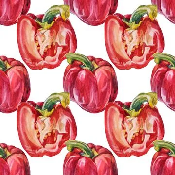 Seamless pattern watercolor red bell pepper on white background. Hand-drawn Stock Illustration