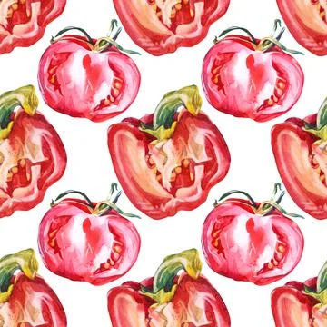 Seamless pattern watercolor red bell pepper and tomato on white background. Hand Stock Illustration