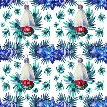 Seamless pattern watercolor red blue white shiny christmas decoration ball Stock Illustration