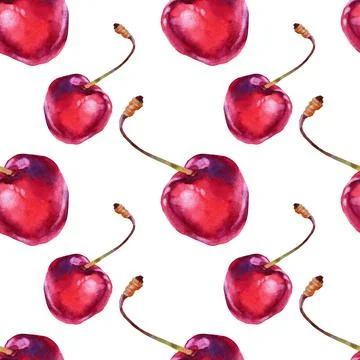 Seamless pattern watercolor red cherry isolated on white background. Hand-drawn Stock Illustration