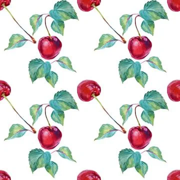 Seamless pattern watercolor red cherry with green leaves on white. Hand-drawn Stock Illustration