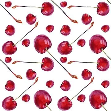 Seamless pattern watercolor red cherry isolated on white background. Hand-drawn Stock Illustration