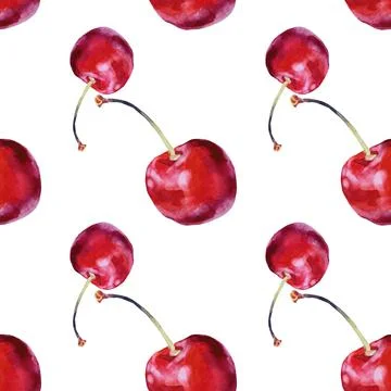 Seamless pattern watercolor red cherry isolated on white background. Hand-drawn Stock Illustration
