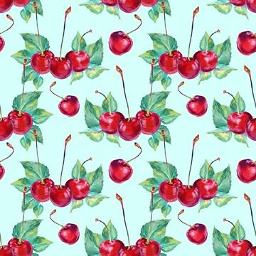 Seamless pattern watercolor red cherry with green leaves on blue. Hand-drawn Stock Illustration