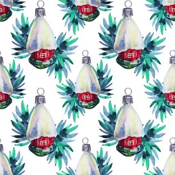 Seamless pattern watercolor red green white shiny christmas decoration ball Stock Illustration