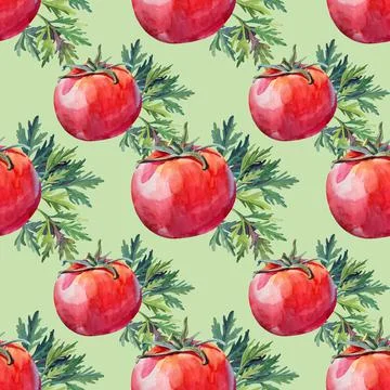 Seamless pattern watercolor red hand-drawn tomato and greenery parsley on green Stock Illustration