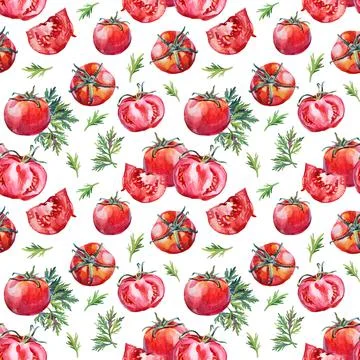 Seamless pattern watercolor red hand-drawn tomato and greenery parsley isolated Stock Illustration