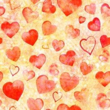 Seamless pattern of watercolor red hearts on yellow texture, Valentine print 库存插图