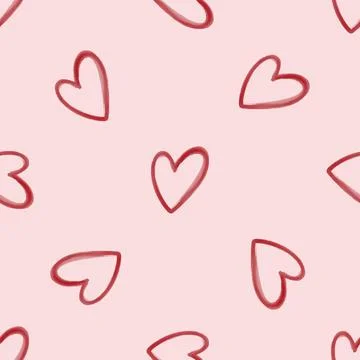 Seamless pattern of watercolor red hearts on pink background Stock Illustration