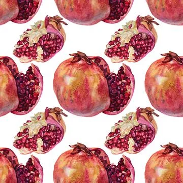Seamless pattern watercolor red pomegranate with seeds on white background. Art Stock Illustration