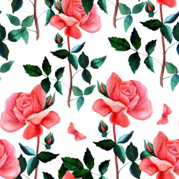 Seamless pattern with watercolor red rose and butterfly Illustrazione stock