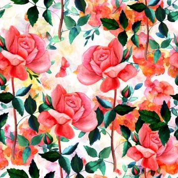 Seamless pattern with watercolor red roses and butterflies Illustrazione stock