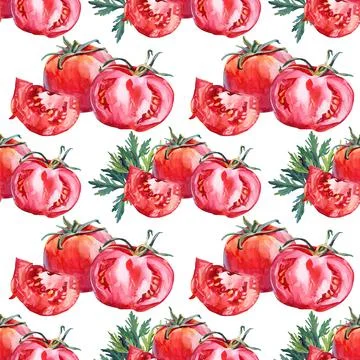 Seamless pattern watercolor red slice tomato and greenery parsley on white Stock Illustration