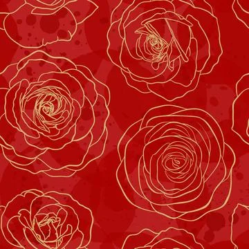 Seamless pattern watercolor red textured with golden outline roses. Hand dr.. イラスト素材