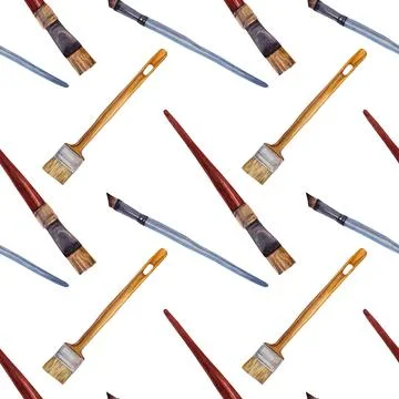 Seamless pattern watercolor repairs tool paint brush on white background. Artist Illustrazione stock