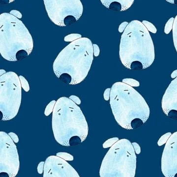 Seamless pattern of watercolor sad blue dog portrait, hand painted illustration Stock Illustration