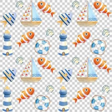 Seamless pattern. Watercolor set of cute blue whales on white background. Stock Illustration