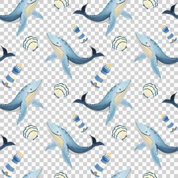 Seamless pattern. Watercolor set of cute blue whales on white background. Stock Illustration