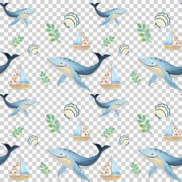 Seamless pattern. Watercolor set of cute blue whales on white background. Stock Illustration