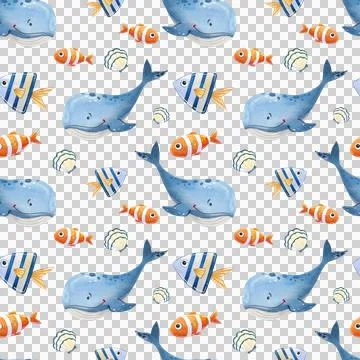 Seamless pattern. Watercolor set of cute blue whales on white background. Stock Illustration