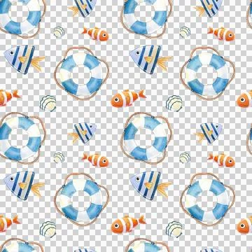 Seamless pattern. Watercolor set of cute blue whales on white background. Stock Illustration