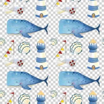 Seamless pattern. Watercolor set of cute blue whales on white background. Stock Illustration