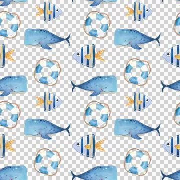 Seamless pattern. Watercolor set of cute blue whales on white background. Stock Illustration