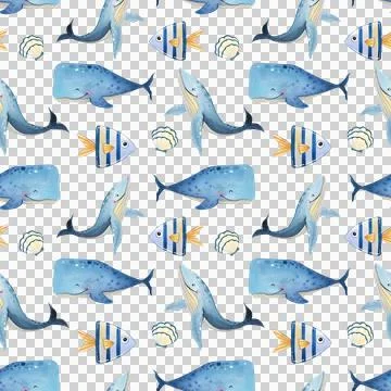 Seamless pattern. Watercolor set of cute blue whales on white background. Stock Illustration