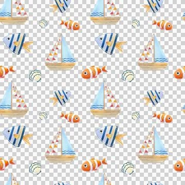 Seamless pattern. Watercolor set of cute blue whales on white background. Stock Illustration