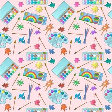 Seamless pattern with watercolor sets, pencils, brushes, palettes, and paint  Stock Illustration