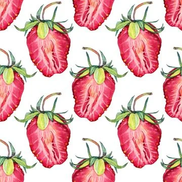 Seamless pattern watercolor slice strawberry with green leaves isolated on white Stock Illustration