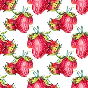 Seamless pattern watercolor slice strawberry with green leaves isolated on white Stock Illustration