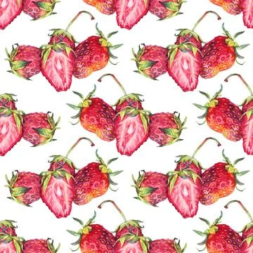 Seamless pattern watercolor slice strawberry with green leaves isolated on white Stock Illustration