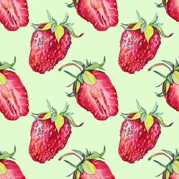 Seamless pattern watercolor slice strawberry with green leaves isolated on white Stock Illustration