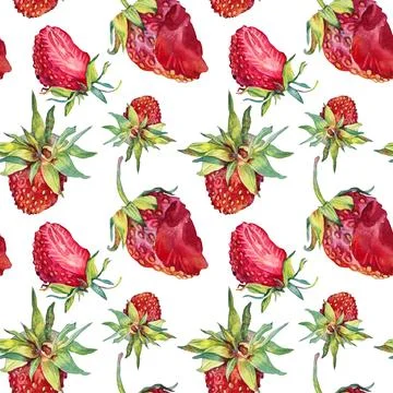 Seamless pattern watercolor slice strawberry with green leaves isolated on white Illustrazione stock