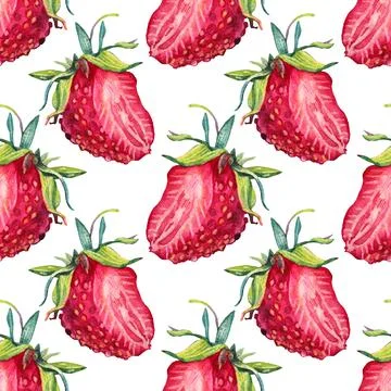 Seamless pattern watercolor slice strawberry with green leaves isolated on white Stock Illustration