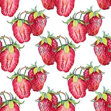 Seamless pattern watercolor slice strawberry with green leaves isolated on white Stock Illustration