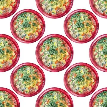 Seamless pattern watercolor soup with vegetable potato pumpkin greenery dill in Stock Illustration