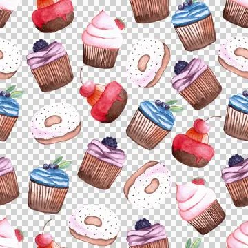 Seamless pattern of watercolor strawberry cake, some muffins, cupcake and donut イラスト素材
