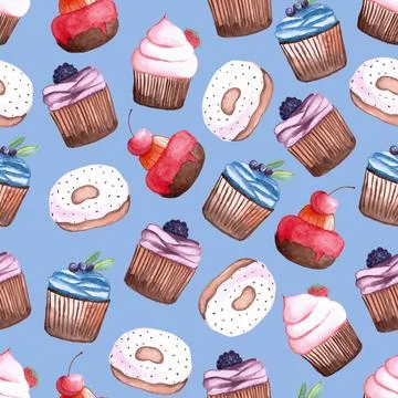 Seamless pattern of watercolor strawberry cake, some muffins, cupcake and donut 스톡 일러스트
