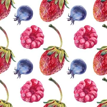 Seamless pattern watercolor strawberry raspberry blueberry isolated on white Stock Illustration