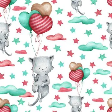 Seamless pattern in watercolor style with gray cats and balls for fabrics, te Illustrazione stock